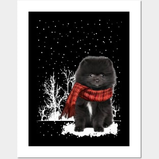 Christmas Black Pomeranian With Scarf In Winter Forest Posters and Art